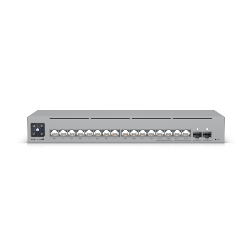 Ubiquiti Switch full managed Layer3 18 Port • 4x 2,5 GbE • 12x GbE • PoE Budget 180W • 4x PoE bt • 12x PoE at • 2x SFP+ • UniFi • USW-Pro-Max-16-PoE