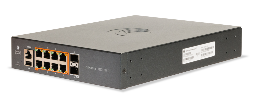 Cambium Switch full managed Layer2 10 Port • 8x 1 GbE • PoE Budget 75 Watt • 8x PoE at • 2x SFP • 10” • Lüfterlos, cnMaestro • EX1010-P